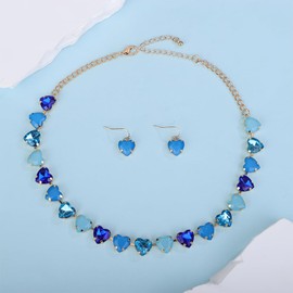 Kercisbeauty Rainbow Blue Rhinestones Heart Chain Choker Necklace with Heart Stud Earrings for Women Special Occasion Jewelry Set (Blue)