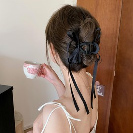 RFTWXHPN Black Bow Hair Claw Clip with Ribbon Tassel Bowknot Hair Claw Jaw Clips Barrettes for Thick Thin Hair Nonslip Claw Hair Clips for Women Girls Big Bows Tassel Hair Claws Barrette