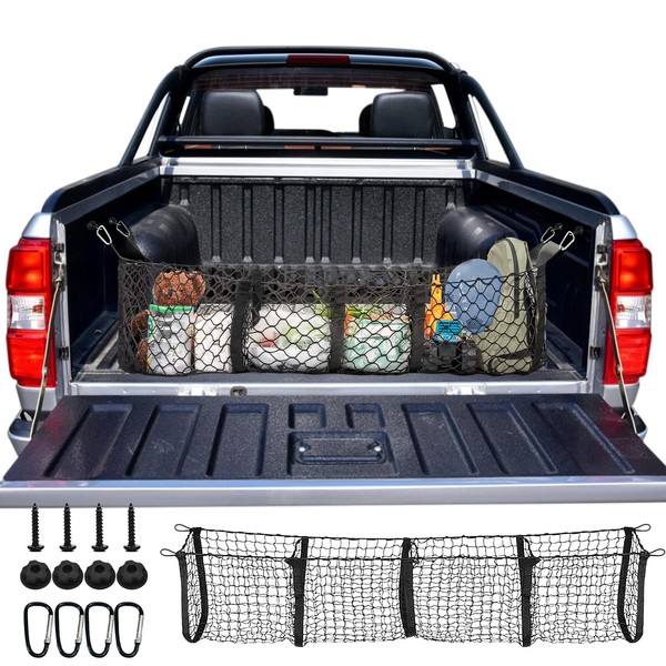 Truck Bed Cargo net,Universal Elastic Mesh Net Trunk Bag Interior Accessories Storage 4 Pocket Cargo Net with Metal Hooks(47.2 * 11.8inch)