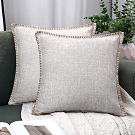 decorUhome Set of 2 Linen Cushion Covers 60X60cm, Decorative Plain Vintage Cushion Covers with Stitched Edges, large Square Farmhouse Neutral Pillow case 24x24 Inch for Sofa, Beige