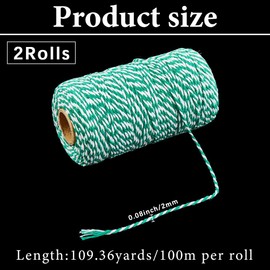 CABODYALS 2 Rolls 656 Feet 2MM Green and White Cotton Twine String Christmas Twist Bakers Packing Cord Macrame Round Braid Thread Bulk for Crafts Birthday Wedding Party Decor Gift Wrapping Gardening