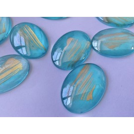 25x18MM VINTAGE  GLASS CABOUCHON AQUA PAINTED GOLD IN FLATBACK  UNFOILED 15 PCS