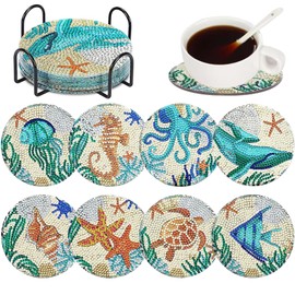 MaitianGuyou 8 PCS Ocean Creature Diamond Art Coasters Kit with Holder,Flower DIY Diamond Painting Coasters for Beginners, Adults Gift, Diamond Art Crafts Supplies