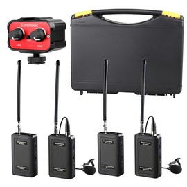 Saramonic Wireless VHF Lavalier Microphone Bundle with 2 Bodypack Transmitters, 2 Receivers, and 2-Ch Mixer for DSLR Cameras, Camcorders and More - 200' Wireless Transmission Range (Black, Red)