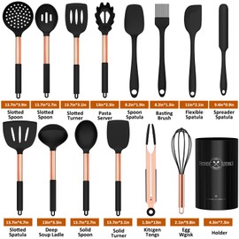 Silicone Cooking Utensil Set, Umite Chef Kitchen Utensils 15pcs Cooking Utensils Set Non-stick Silicone Rose Gold Handle Cooking Tools Whisk Kitchen Tools Set - Balck
