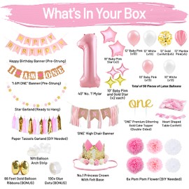 1st Birthday Girl Decorations WITH Birthday Crown- Baby First Birthday Decorations Girl - Pink and Gold Party Supplies - One Balloon, Heart and Confetti Balloons, Happy Birthday Banner ONE Cake Topper