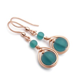 Pillar of Salt Studio Handcrafted Earrings Bright Copper and Sea Glass Wire Wrap Teardrop (Peacock Blue, 1" drop)