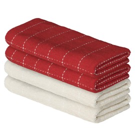 Artoid Mode Checkered Designed Cotton Beige Red Terry Kitchen Dish Towels, 15x25 Inch Soft Absorbent Quick Drying Cleaning Tea Towels Set of 4