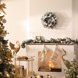 Valery Madelyn 9 feet Pre-Lit Christmas Garland with Lights for Mantle, Lighted Battery Operated Xmas Garland with Silver White Balls Snowflake for Front Door Fireplace Table Centerpiece Outdoor Decor