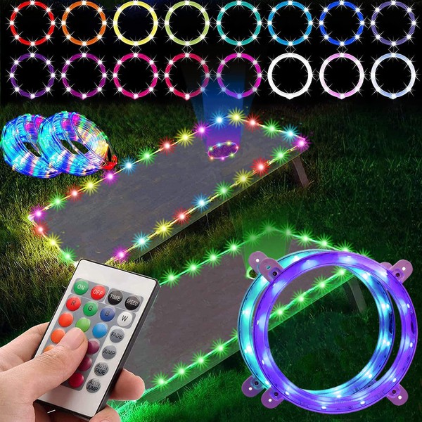 AIWEILUCK 2 Pack Cornhole Lights, 16 Colors LED Cornhole Ring Lights with PVC Board and Edge Lights, with Remote Control for Family Backyard Bean Bag Cornhole Game, Cornhole Outdoor Game(4ft × 2ft)