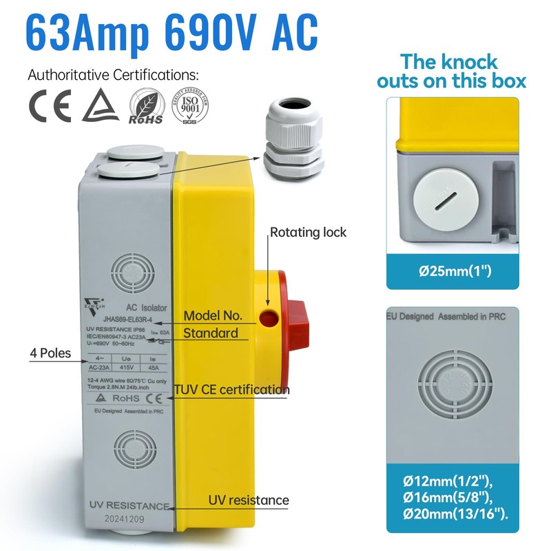 63Amp Switch AC690V 2 Positions Waterproof IP66 Isolation On Off