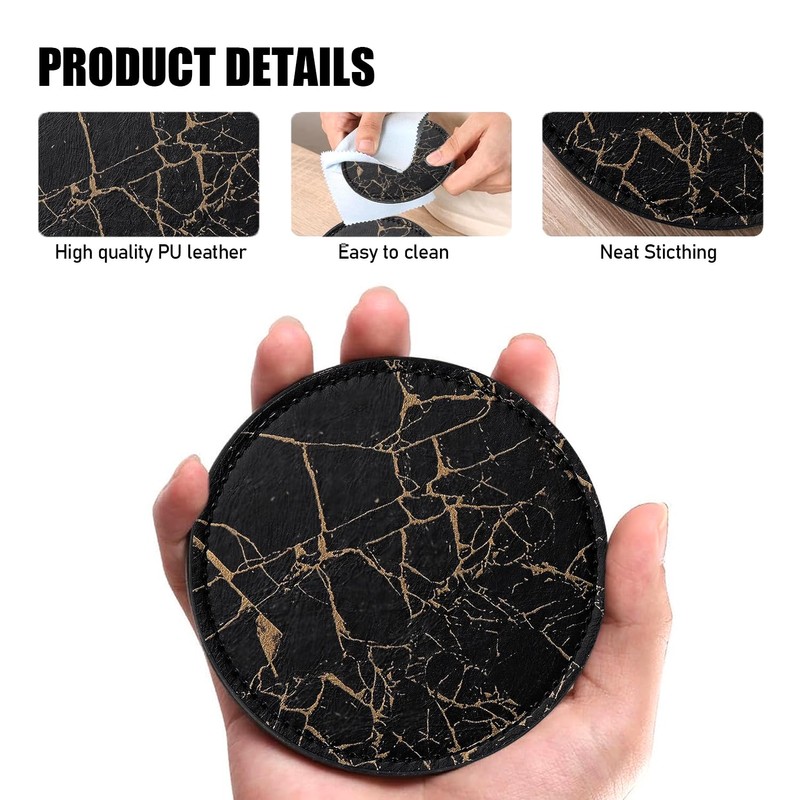 Black Marble Pattern Coasters for Drinks,Round PU Leather Coaster with