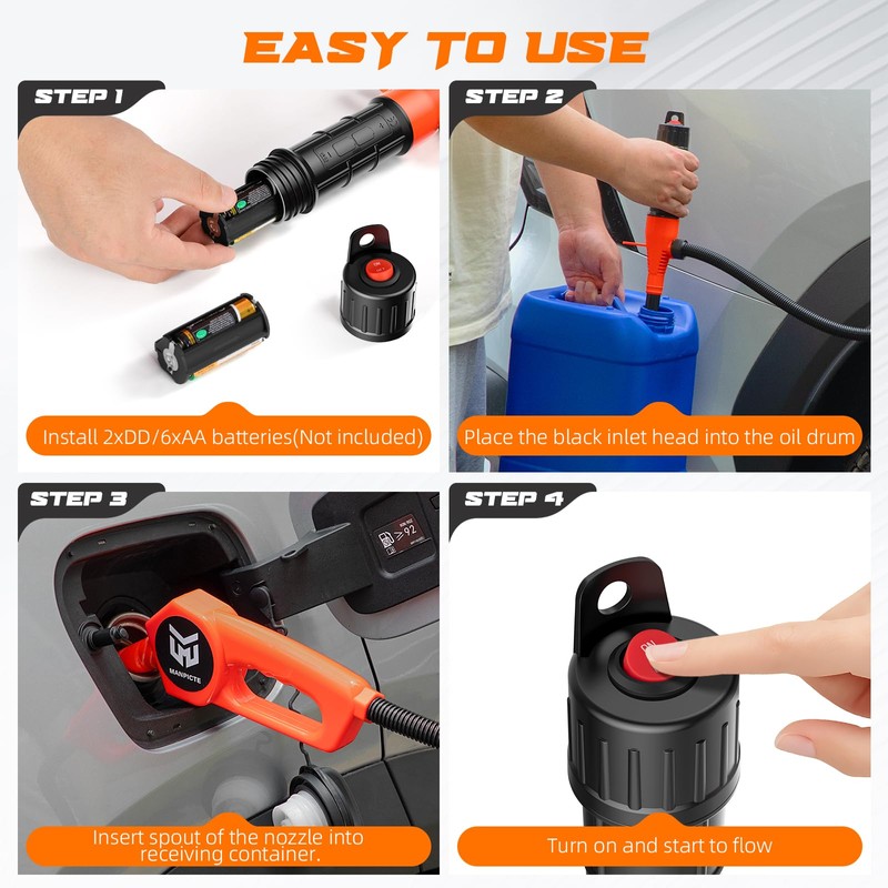 MANPICTE Portable Fuel Transfer Pump, Battery Powered Siphon Pump for
