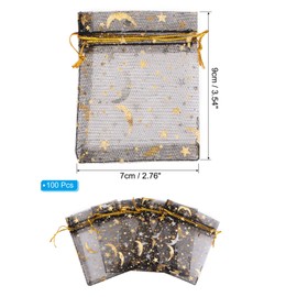 PATIKIL Moon Star Printed Organza Bags, 100 Pcs 3.54x2.8 Inch Drawstring Mini Pouches Favor Gift Candy Jewelry Bags for Christmas Thanksgiving Festival Party Wedding, Black