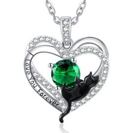 May Birthstone Emerald Jewellery Mother's Day Gifts Cat Necklaces for Women Sterling Silver Black Cat Heart Pendant Necklaces Cute Animal Gifts for Women