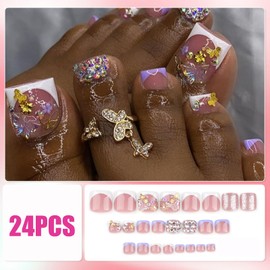 French Tip Press on Toenails Short Square, Summer Glitter Fake Toe Nails with 3D Butterfly Rhinestones Designs, Pink Full Cover Beach False Toenails, Cute Acrylic Glue on Toe Nails for Women 24Pcs