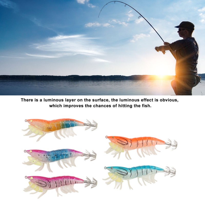 5pcs Wood Shrimp Bait Artificial with Counterweights Double Pileate Hooks