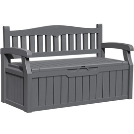 Greesum 80 Gallon Outdoor Storage Bench, Resin Patio Furniture with Armrest,Waterproof and UV-Resistant, Perfect to Garden, Poolside and Lawn, Dark Grey