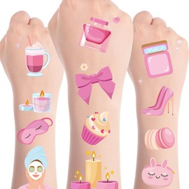 Papiailove 8 Sheets Spa Temporary Tattoos Stickers, Pink Tattoo Stickers for Adult Women Girls, Sleepover Themed Slumber Party Favors Birthday Supplies Decoration Gifts, Self Care Goodie Bag Favors