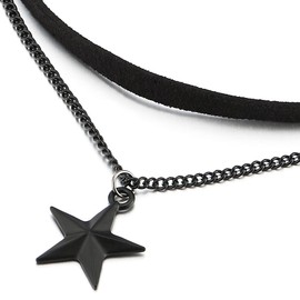 COOLSTEELANDBEYOND Ladies Womens Two-Rows Black Choker Necklace with Black Chain and Pentagram Star Charm Pendant(CA)