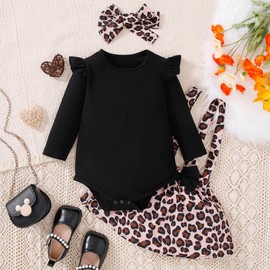 HEOXIN Infant Baby Girls Leopard Print Skirt, Romper + Bow Suspender Dress + Headbands 3PCS Set, Ruffle Sleeve Tops and Bowknot Headbands for Toddler Girls 2 Years- 3 Years, Black