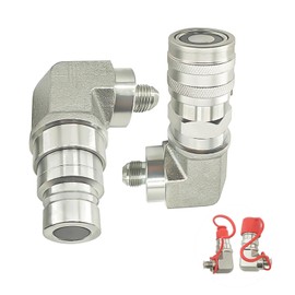 90 Degree Flat Face Hydraulic Quick Connect Coupler Set for Skid Steer, Heavy-Duty Carbon Steel Fittings with Elbow 3/8" JIC Male Thread and Dust Cap