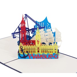 3D Card "Hamburg Skyline" in Blue, Pop Up Card as Travel Voucher, Greeting Card, Greeting Card, Birthday Card, Folding Card as Souvenir