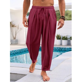 Runcati Mens Casual Harem Pants Drawstring Elastic Waist Cotton Cropped Trousers Yoga Beach Lightweight Pants Burgundy