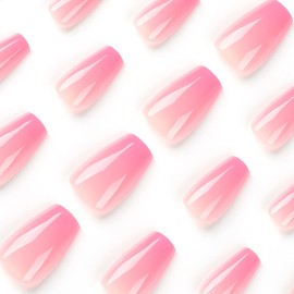 Medium Fake Nails Short Press on Nails Full Cover Glue on Nails Pink Red Gradient False Nails with Artificial Glossy Designs Acrylic Artificial Stick on Nails for Women 24Pcs