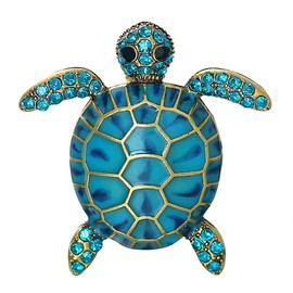 Turtle Crystal Brooches Sea Tortoise Enamel Animal Vintage Gold Plated Jewellery with Gift Bag Blue