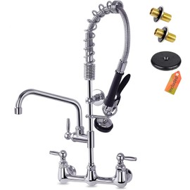 Commercial Faucet with Pre Rinse Sprayer, Wall Mount Kitchen Faucet with 12" Swing Spout 8 Inch Center Commercial Sink Faucet Pull Down Sprayer for Industrial, Restaurant, Sink, Brass