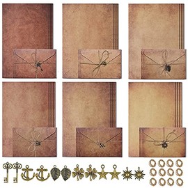 Cenbee Vintage Stationary Paper and Envelopes Set - 24 Sheets Vintage Letter Papers, 12 Envelopes, 12 Retro Pendant, 12 Rope, Aged Stationery Letter Writing Paper and Envelopes Se