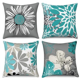 Hnmdmyi Teal Cushion Covers 40 x 40 cm Set of 4, Teal and Grey Floral Decorative Throw Pillow Covers Modern Daisy Farmhouse Boho Linen Pillowcases for Sofa Couch Bed Garden Outdoor Home Decor