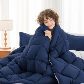 MUXHOMO 7 Pieces Full Comforter Set, Reversible Bed in a Bag Full Size, All Season Bedding Set with Comforter, Flat Sheet, Fitted Sheet, Pillowcases & Shams, Navy & Light Grey