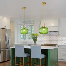 Modern Green Glass Pendant Light Fixtures, Mid Century Pendant Lights for Kitchen Island, 9.8" Gold Adjustable Height Ceiling Hanging Light Fixtures for Dining Room Entryway Bedroom Foyer Hallway
