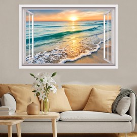 ANHUIB 3D Fake Window Wall Sticker Seaside Sunset Wall Stickers Seaside Landscape Wall Stickers 3D Sea View Wall Art for Living Room Mural Decals for Bedroom Bathroom Removable Seascape Decals 84×52cm