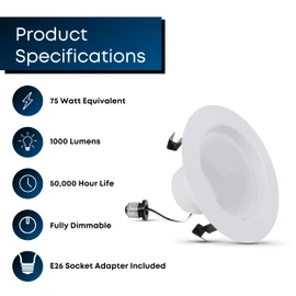 Feit Electric LED 4 Inch Recessed Lights Retrofit with E26 Adaptor, High Output 75W Equivalent 1000 Lumens, 4in Retrofit Downlights Dimmable, 50,000 Hours, 5000 CCT, 6 Pack, LEDR4XHO/950CA/6