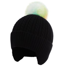 Toddler Knitted Beanie with Ear Flaps Girls Rainbow Pompom Hat Kids Winter Fall Outdoor Skull Caps Age 3-14