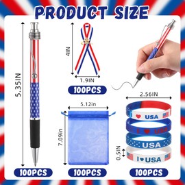 Trandraft 400Pcs 4th of July Patriotic Gift Bulk Patriotic Pens American Flag Lapel Pins Bracelets Organza Gift Bag Set for Independence Day Valentine's Party Supplies Home School Office(Design)