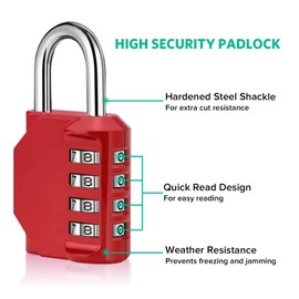 Combination Padlock Heavy Duty Lock - BeskooHome [ 2 Pack] Waterproof 4-Digit Combination Lock for School, Gym, Outdoor Shed Locker - [Red]