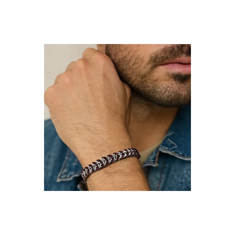 Brazalete De Cuero Trenzado Con Cierre De Acero Inoxidable