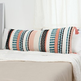 Labilin Long Lumbar Cushion Cover 36 x 92 cm, Boho Long Decorative Cushion Covers with Tassels, Blue Pink and Beige Geometric Chenille Cushion Covers for Sofa, Bedroom, Living Room