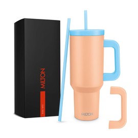 Milton 40 oz Tumbler with Dual Removable Handles and Straws, Double Walled Vacuum Insulated Travel Mug, Keeps Drinks Hot for 12 Hours, Cold 24 Hours, Stainless Steel Water Bottle, Venus,Peach fuzz