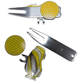 GRJ Golf Ball Marker Green Fork Set Clip On Divot Tool Golf Fork Ball Line Marker (Yellow)