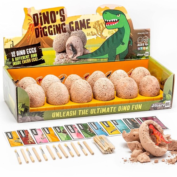 JITTERYGIT Dino Eggs Dig Kit, Dinosaur Eggs for Kids 3-5, Perfect for Dinosaur Birthday Party Supplies and Dinosaur Party Games - 12 Dino Eggs Excavation Set for Kids