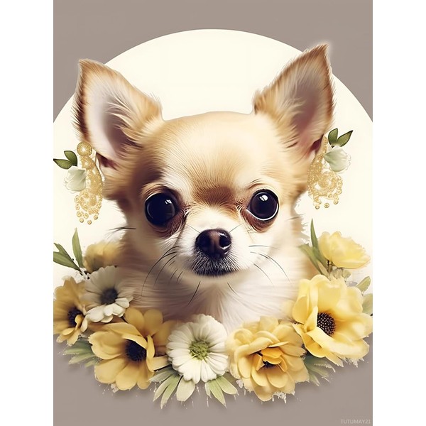 TUTUMAY21 Diamond Painting Kits Beauty Chihuahua Wearing Flower Crown, 5D