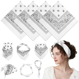 PLULON 4 Pack White Bandanas for Men Women, Paisley Pattern Bandana Bulk Headbands Men Handkerchief Face Mask Square Scarf Headwear