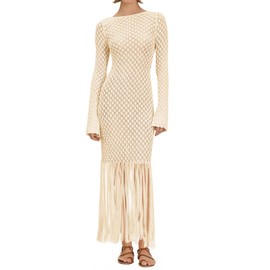 Fisoew Women's Swimsuit Crochet Cover Ups Summer Long Sleeve Tie Back Fringe Hem Beach Vacation Coverup Maxi Dress Beige