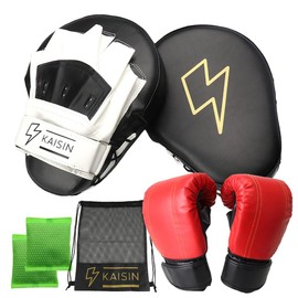KAISIN Boxing Gloves and Mitts Set with Storage Bag [Supervised by Active Kickboxer] (White and Black Mitts Glove Set)