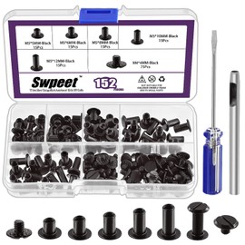 Swpeet 152Pcs M5x5mm, 6mm, 8mm, 10mm, 12mm Black Screws Leather Rivets Assorted with Hole Punch and Screwdriver, Round Flat Head Stud Screw for DIY Leather Craft and Bookbinding